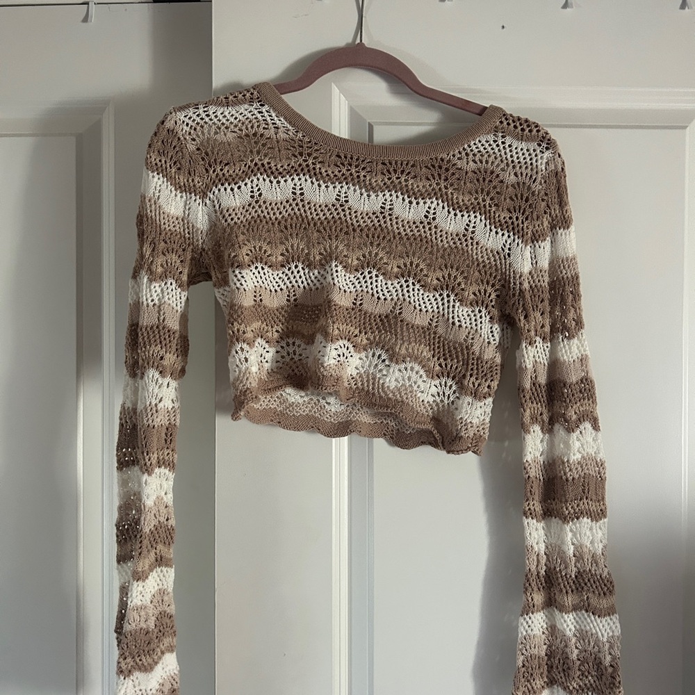 Brown and White Striped Women's Cropped Top